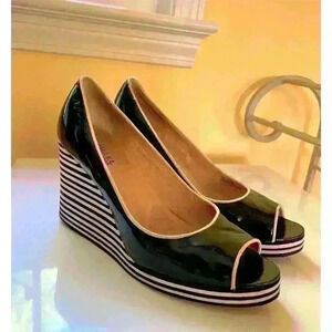 Michael Kors Women's Black & White Striped Wedge Peep Toe Heels Size 8M